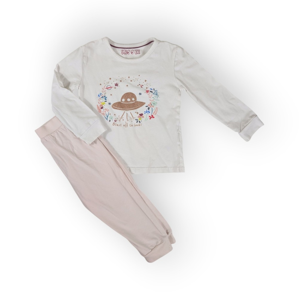 M&S Snooze Kids Pajama Set UFO Floral Blast Off To Bed Cream Pink Size 2-3 Years